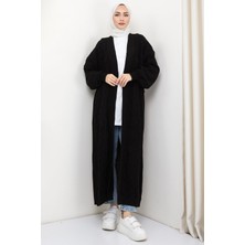 Hafsa Mina Kiraz Desenli Uzun Triko Hırka Siyah HM2334