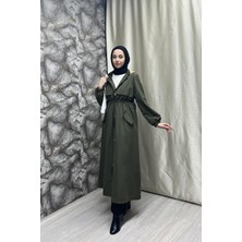 Burcu Tesettür Belden Kemer Detayli Uzun Trençkot BRC1908 Haki