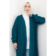 Hafsa Mina Kiraz Desenli Uzun Triko Hırka Petrol HM2334