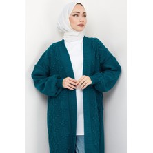 Hafsa Mina Kiraz Desenli Uzun Triko Hırka Petrol HM2334