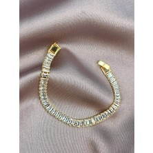 Quella Çelik 14K Zirkon Baget Gold Bileklik (Kalınlık: 6 mm / Uzunluk: 17-19 Cm)