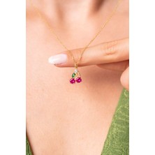 Sunshine 925 Ayar Rodyum Kaplamalı Ruby Taşlı Minimal Kiraz - Meyve Gümüş Kolye