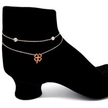 Sunshine 925 Ayar Rose Kaplamalı Beyaz Taşlı Çift Zincirli Yonca Gümüş Halhal