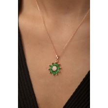 Sunshine 925 Ayar Rose Kaplamalı Yeşil Taşlı Papatya Çiçek Gümüş Kolye