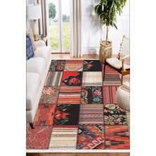 Woopsh Kırmızı Siyah Çiçekli Desenli Yıkanabilir Kaymaz Salon Halısı Dekoratif Kilim ARM-1084