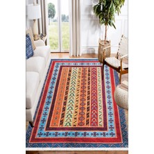 Woopsh Renkli Anadolu Motifleri Desenli Yıkanabilir Kaymaz Salon Halısı Dekoratif Kilim ARM-1124