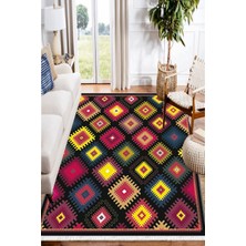 Woopsh Renkli Otantik Anadolu Desenli Yıkanabilir Kaymaz Salon Halısı Dekoratif Kilim ARM-1181