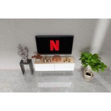 Beyaz-Ahşap Dekoratif  Tv Ünitesi -Tv Sehpası Duvara Monte