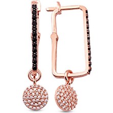 Sunshine 925 Ayar Rose Kaplamalı Siyah Taşlı Sallantılı Yuvarlak Gümüş Küpe