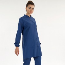 Çizgi Medikal Petrol Mavisi Lüks Likralı Doktor Hemşire Tesettürlü Hakim Yaka Takım