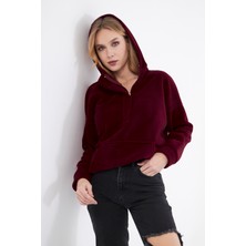 PONÇİK KADIN YAKASI FERMUARLI KAPÜŞONLU OVERSİZE POLAR KUMAŞ SWEATSHIRT 23587-BORDO