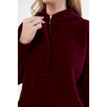 PONÇİK KADIN YAKASI FERMUARLI KAPÜŞONLU OVERSİZE POLAR KUMAŞ SWEATSHIRT 23587-BORDO