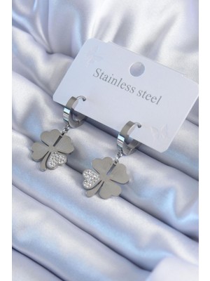 Stainless Steel Çelik Gümüş Renk Yonca Model Zirkon Taş Detay Kadın Küpe