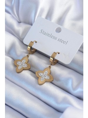 Stainless Steel Çelik Gold Renk Zirkon Taşlı Çiçek Model Kadın Küpe