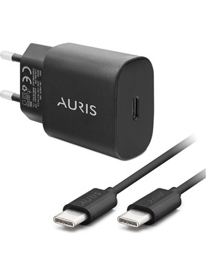 Auris Pd Turbo 25W Type-C To Type-C Şarj Kablosu ve Başlık Hızlı Şarj Seti