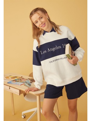 Tubia Kadın Ekru Renk Lacivert Detaylı Los Angeles Baskılı Sweatshirt