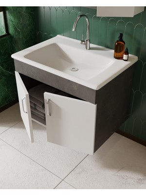 Karen Banyo Gümüş 65 cm Lavabolu Banyo Dolabı Retro Gümüş-Beyaz Lavabo Dahil