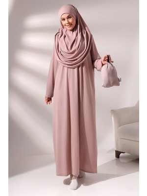İhvan Gül Kurusu Kadın Çantalı Pratik Başörtülü Tek Parça Namaz Elbisesi