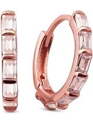 Sunshine 925 Ayar Rose Kaplamalı Beyaz Baget Taşlı 1,6 cm Halka Gümüş Küpe