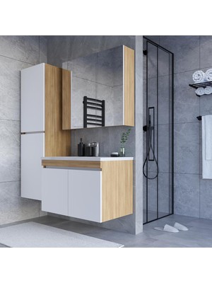 Teta Home Tokyo 65 Cm Teak-Beyaz Mdf Banyo Dolabı Seti + Boy Dolabı