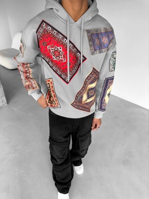 Abluka Online Oversize Kilim Yamalı Hoodie Gri