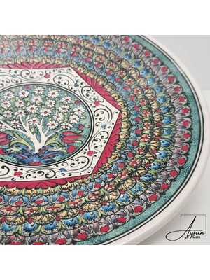 Aysun Hand Art Aysunhandart Ipek Desen Çerçeveli Merkezinde Hayat Ağacı Motifli El Yapımı Seramik Tabak