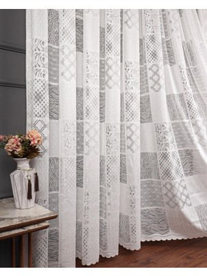 Evdepo Home Taç Patchwork Desen 1/2 Seyrek Pile Jakar Tül Perde Tek Kanat - Ekru 100 x 270 cm