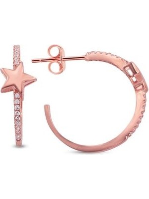 Sunshine 925 Ayar Rose Kaplamalı Beyaz Taşlı Yıldızlı 2 cm Halka Gümüş Küpe