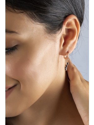 Sunshine 925 Ayar Rose Kaplamalı Sallantılı Dikdörtgen Siyah Taşlı Halka Gümüş Küpe