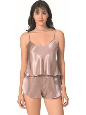 Çamaşır Kenti Şık Tasarım Yumuşak Dokulu Vizon Saten Babydoll Şort Takımı