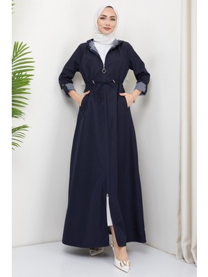 Hafsa Mina Kapüşonlu Çizgili Uzun Trençkot Lacivert HM2332