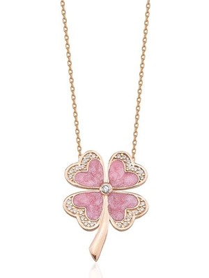 Sunshine 925 Ayar Rose Kaplamalı Beyaz Taşlı Pembe Mineli Yonca Çiçek Gümüş Kolye