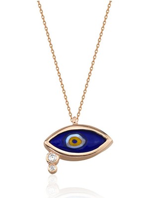 Sunshine 925 Ayar Rose Kaplamalı Beyaz Taşlı Lacivert Mineli Nazar Göz Gümüş Kolye