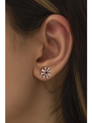 Sunshine 925 Ayar Rose Kaplamalı Ruby Taşlı Çiçek Gümüş Küpe