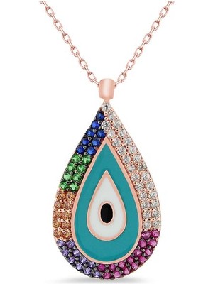 Sunshine 925 Ayar Rose Kaplamalı Multicolour Taşlı Damla Kesim Nazar Göz Gümüş Kolye