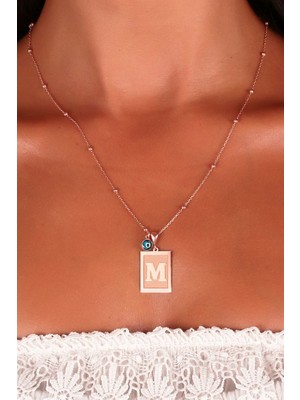 Sunshine 925 Ayar Rose Kaplamalı Nazarlı Plaka Model M Harf Gümüş Kolye