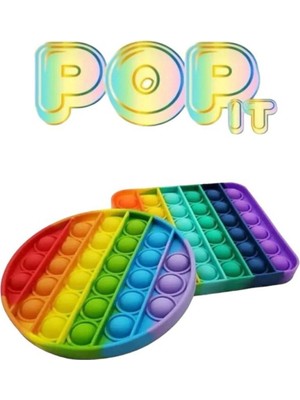2'li Pop It Kare + Yuvarlak Gökkuşağı Duyusal Oyuncak Zihinsel Gelişim Stres Popit Oyun 2 Adet