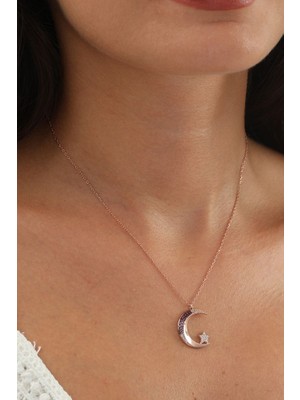 Sunshine 925 Ayar Rose Kaplamalı Ruby Taşlı Ay Yıldız Gümüş Kolye