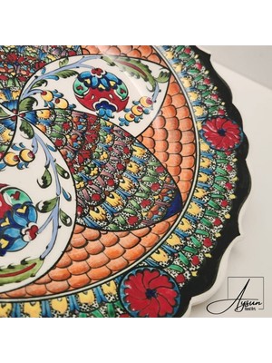 Aysun Hand Art Aysunhandart Ipek Desen Çerçeveli Merkezinde Nar ve Ipek Motifli El Yapımı Seramik Tabak