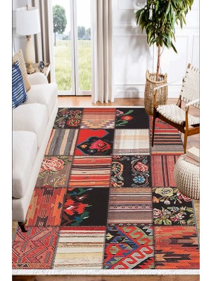 Woopsh Kırmızı Siyah Çiçekli Desenli Yıkanabilir Kaymaz Salon Halısı Dekoratif Kilim ARM-1084