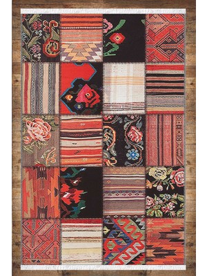 Woopsh Kırmızı Siyah Çiçekli Desenli Yıkanabilir Kaymaz Salon Halısı Dekoratif Kilim ARM-1084