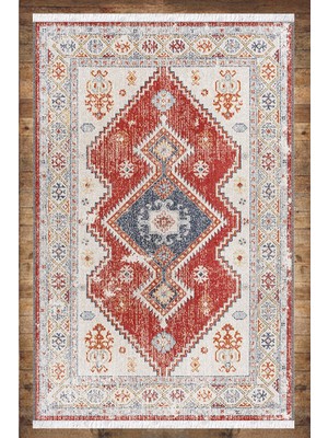 Woopsh Kırmızı Mavi Vintage Desenli Yıkanabilir Kaymaz Salon Halısı Dekoratif Kilim ARM-1033