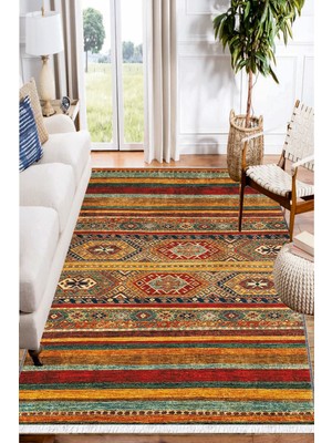 Woopsh Turuncu Sarı Otantik Desenli Yıkanabilir Kaymaz Salon Halısı Dekoratif Kilim