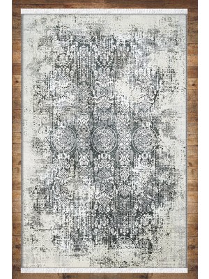 Woopsh Gri Beyaz Vintage Desenli Yıkanabilir Kaymaz Salon Halısı Dekoratif Kilim ARM-1074