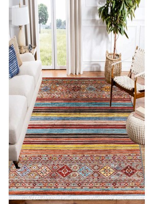 Woopsh Renkli Çizgi Anadolu Desenli Yıkanabilir Kaymaz Salon Halısı Dekoratif Kilim ARM-1180