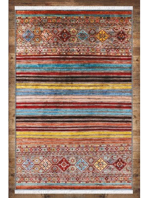 Woopsh Renkli Çizgi Anadolu Desenli Yıkanabilir Kaymaz Salon Halısı Dekoratif Kilim ARM-1180