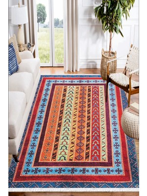 Woopsh Renkli Anadolu Motifleri Desenli Yıkanabilir Kaymaz Salon Halısı Dekoratif Kilim ARM-1124