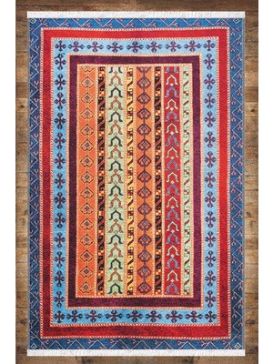 Woopsh Renkli Anadolu Motifleri Desenli Yıkanabilir Kaymaz Salon Halısı Dekoratif Kilim ARM-1124