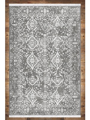 Woopsh Gri Beyaz Otantik Desenli Yıkanabilir Kaymaz Salon Halısı Dekoratif Kilim ARM-1020