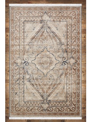 Woopsh Kahve Vintage Desenli Yıkanabilir Kaymaz Salon Halısı Dekoratif Kilim ARM-1046